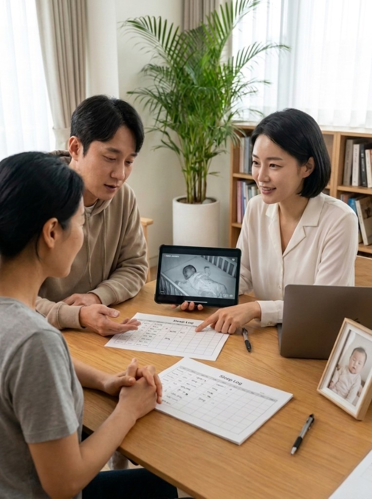 수면 전문가와 부모가 아이의 수면 기록을 함께 살펴보는 상담 장면