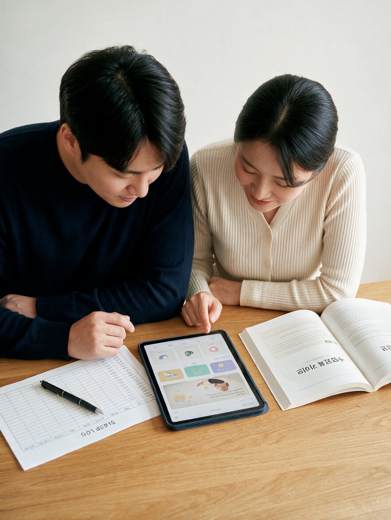 부모가 수면교육 자료를 함께 살펴보는 모습
