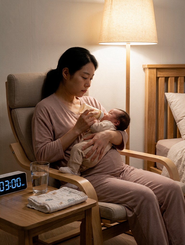 새벽에 아이를 돌보는 엄마